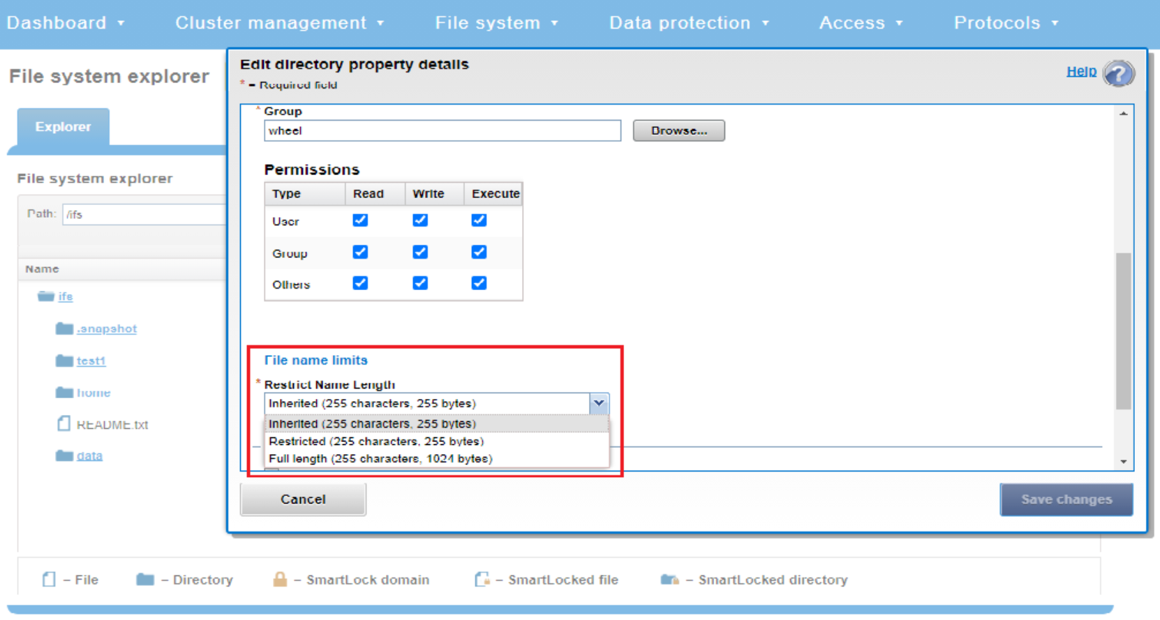 Screenshot showing file system explorer filename limits configuration.