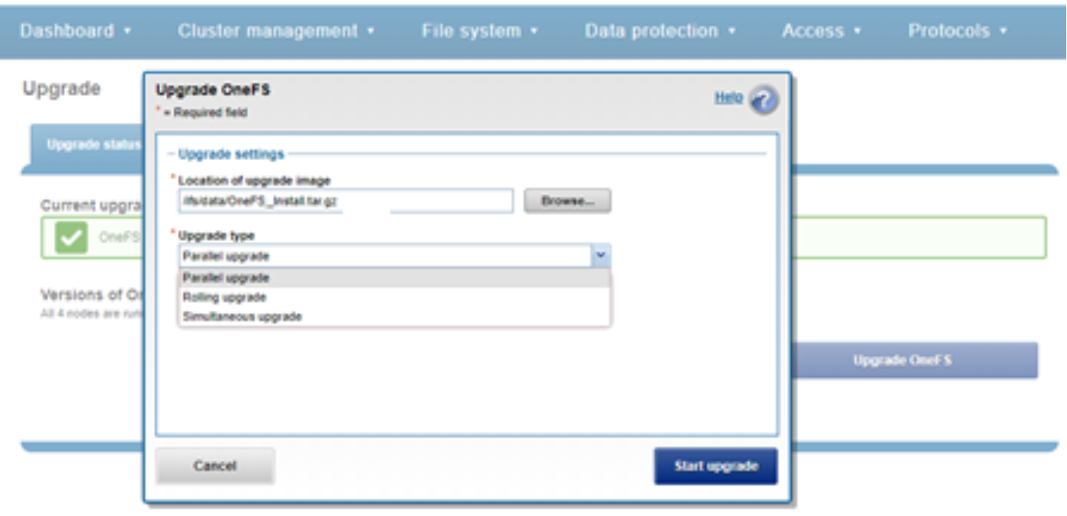 Screenshot of upgrade process of OneFS using WebUI with parallel upgrade selected.