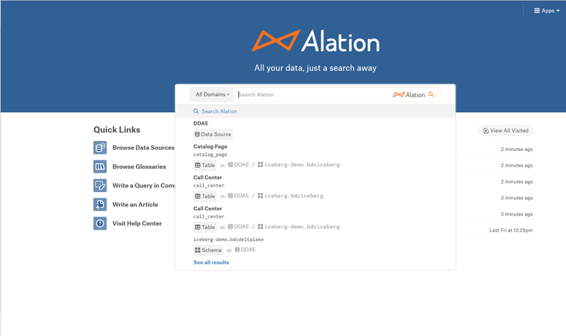 A screenshot of the Alation UI showing how to search for data across all domains.