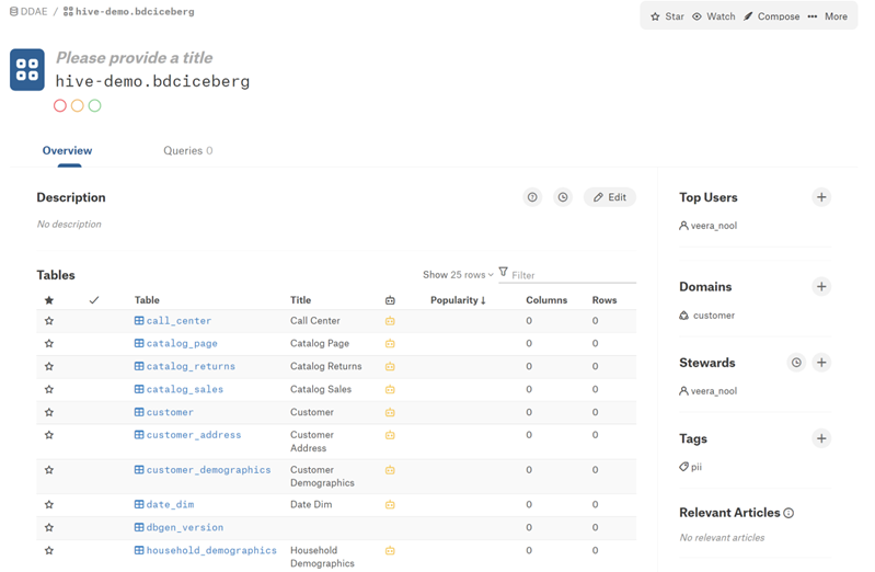 A screenshot of the Alation UI showing metadata incorporation from Hive.