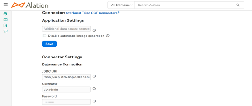 A screenshot of the Alation platform UI showing the Starburst Trino OCF connector.