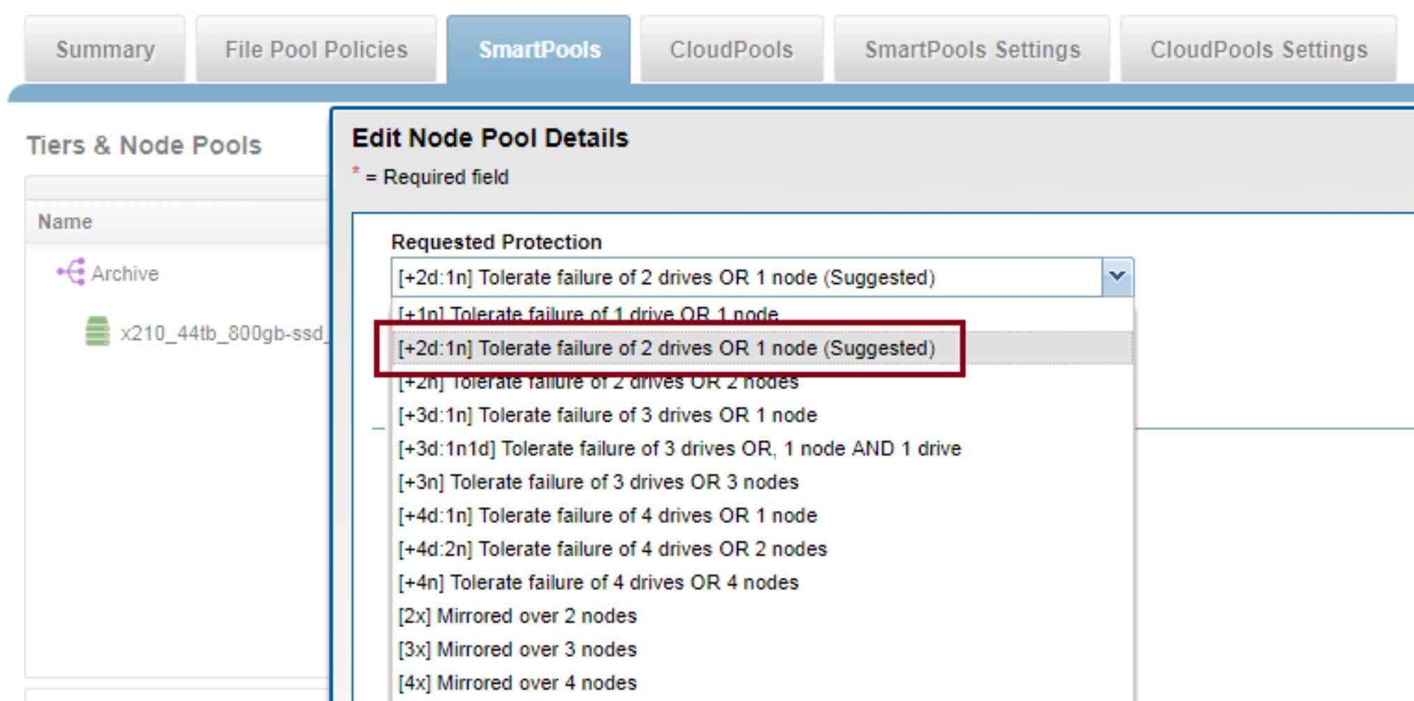 WebUI screenshot showing the OneFS recommended protection level for a node pool - in this case +2d:1n.