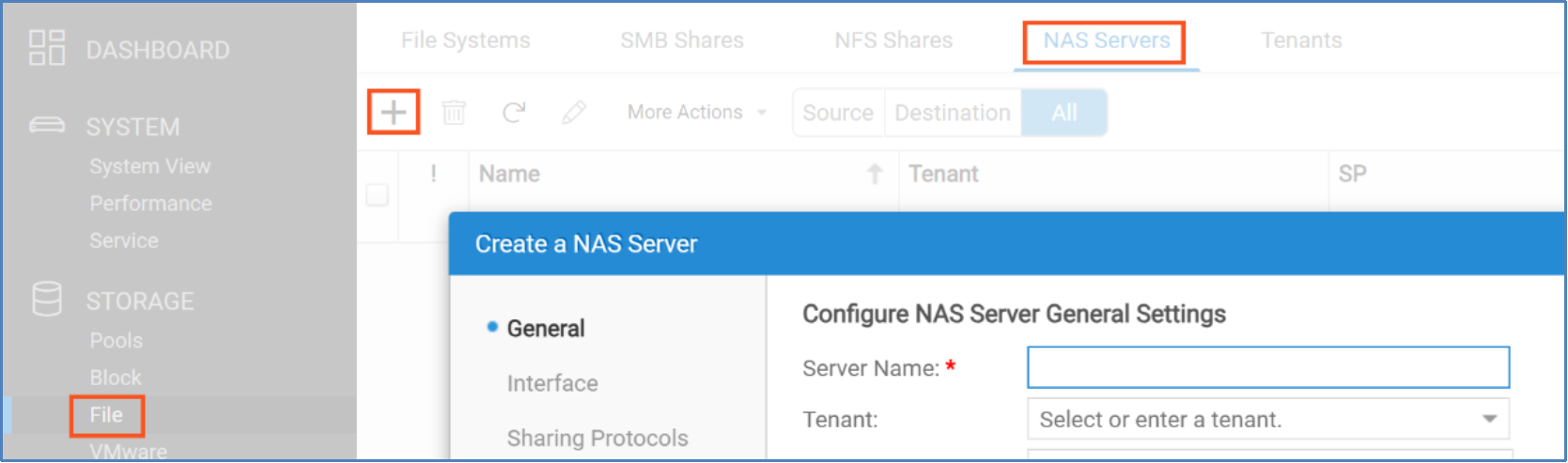 This diagram shows the necessary navigation, highlighted in red, in Unisphere to start the "Create a NAS Server" wizard. 