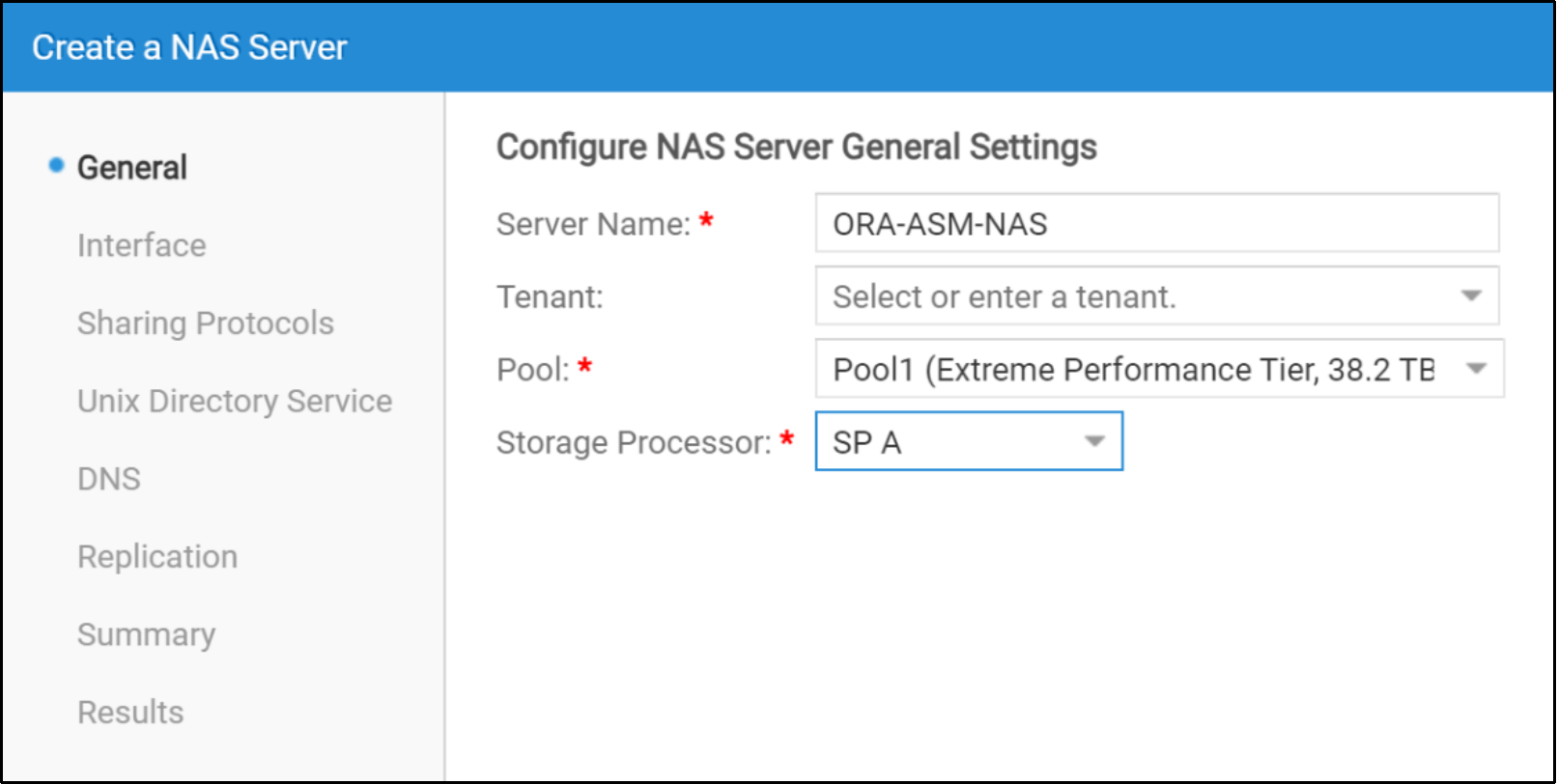 This diagram shows the first step of the  "Create a NAS Server" wizard which prompts the user for general information for the NAS server. Some of the general information are the name of the NAS Server and the default storage processor (SP) where the NAS Server will reside.