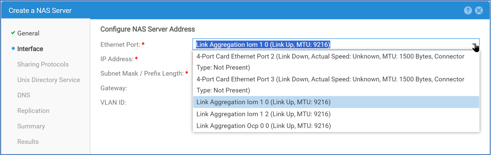 This diagram shows the second step of the  "Create a NAS Server" wizard which prompts the user for Ethernet network information. Examples of this information are the Unity ports used by the Unity network, the IP, subnet, and gateway addresses. and VLAN ID.