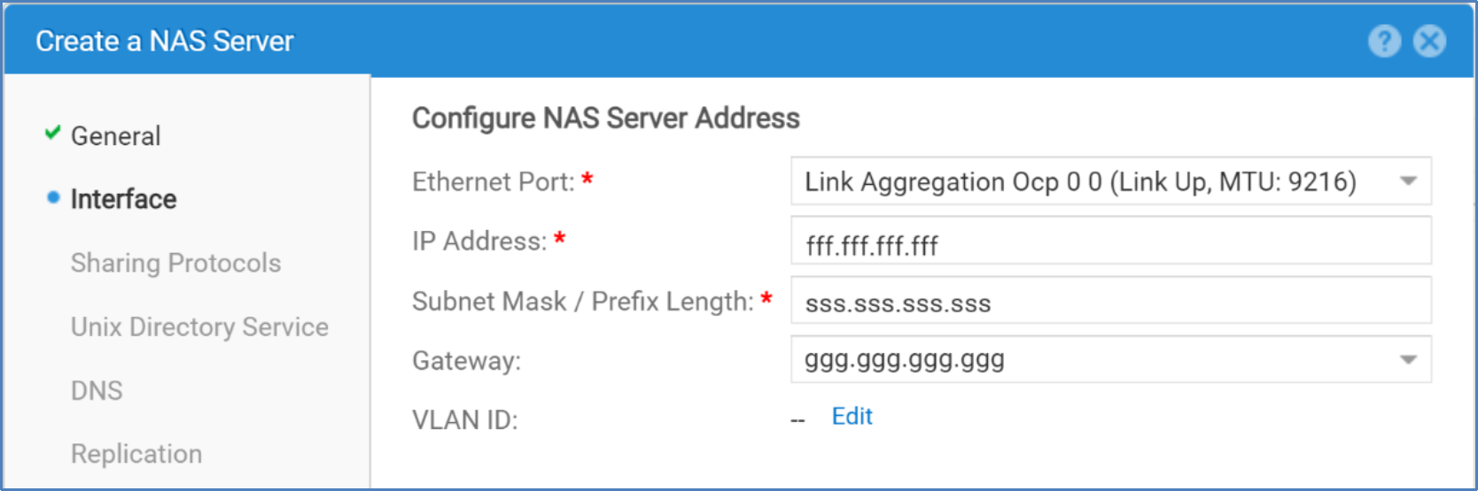 This diagram shows the second step of the  "Create a NAS Server" wizard after the user supplied all network information. However, all network information appearing in the diagram has been replaced with the correct obfuscated network information that appears in section "Obfuscated IP addresses and network information".