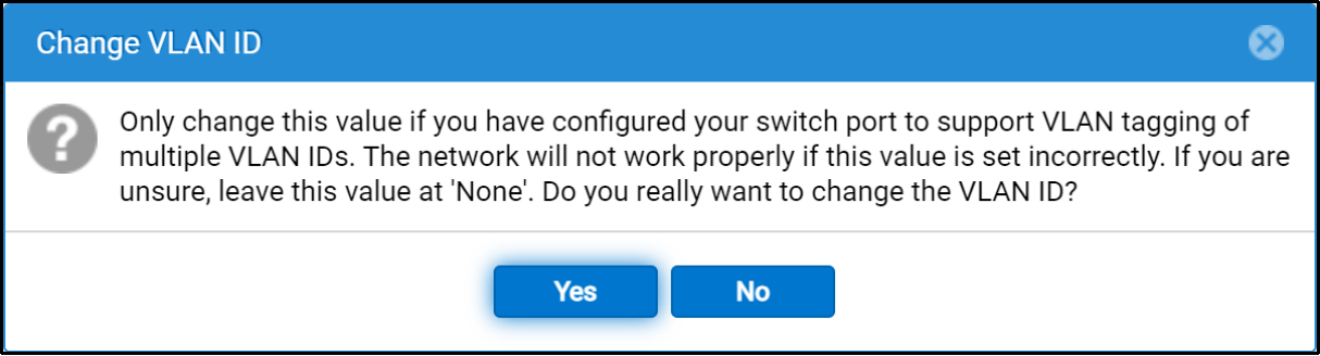 This diagram displays the warning issued by Unishpere should the user edit the VLAN ID in the wizard.  If the user edits the value of VLAN ID in the wizard, the wizard warns that VLAN ID should only be changed if the switch port connected to this NAS network support VLAN tagging of multiple VLAN IDs.