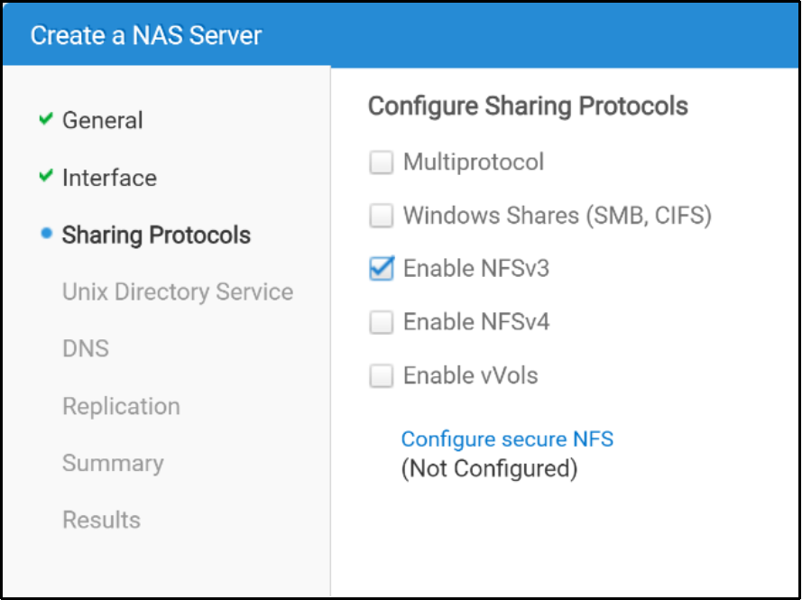 This diagram shows the next step of the Unisphere wizard as defining the sharing protocol. The NFSv3 protocol is selected in the diagram.
