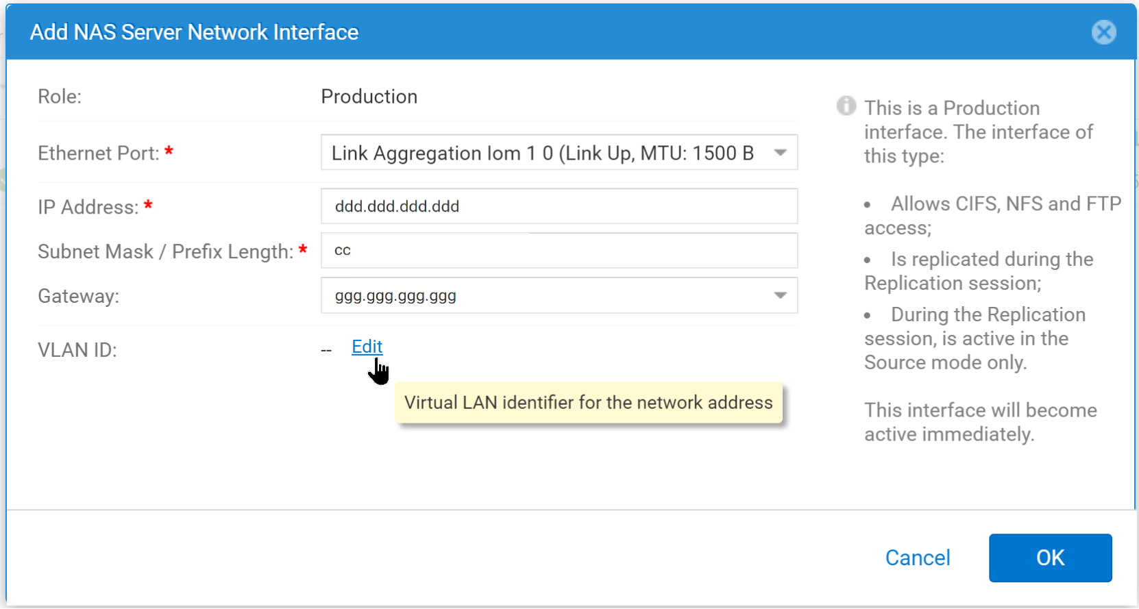 This diagrom shows where in the "Add NAS Server Network Interface" the end user would specify a VLAN ID for the NAS network.