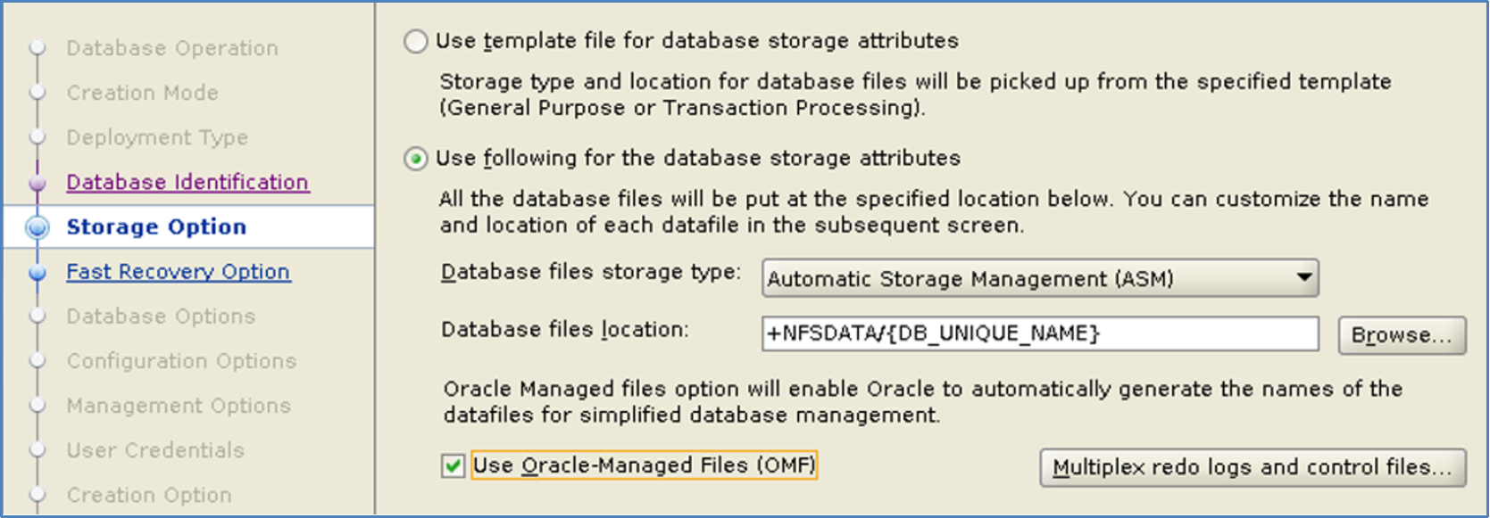 This diagram shows a snipet of one of Oracle's OUI windows where ASM disk groups are defined on an NFS file system.