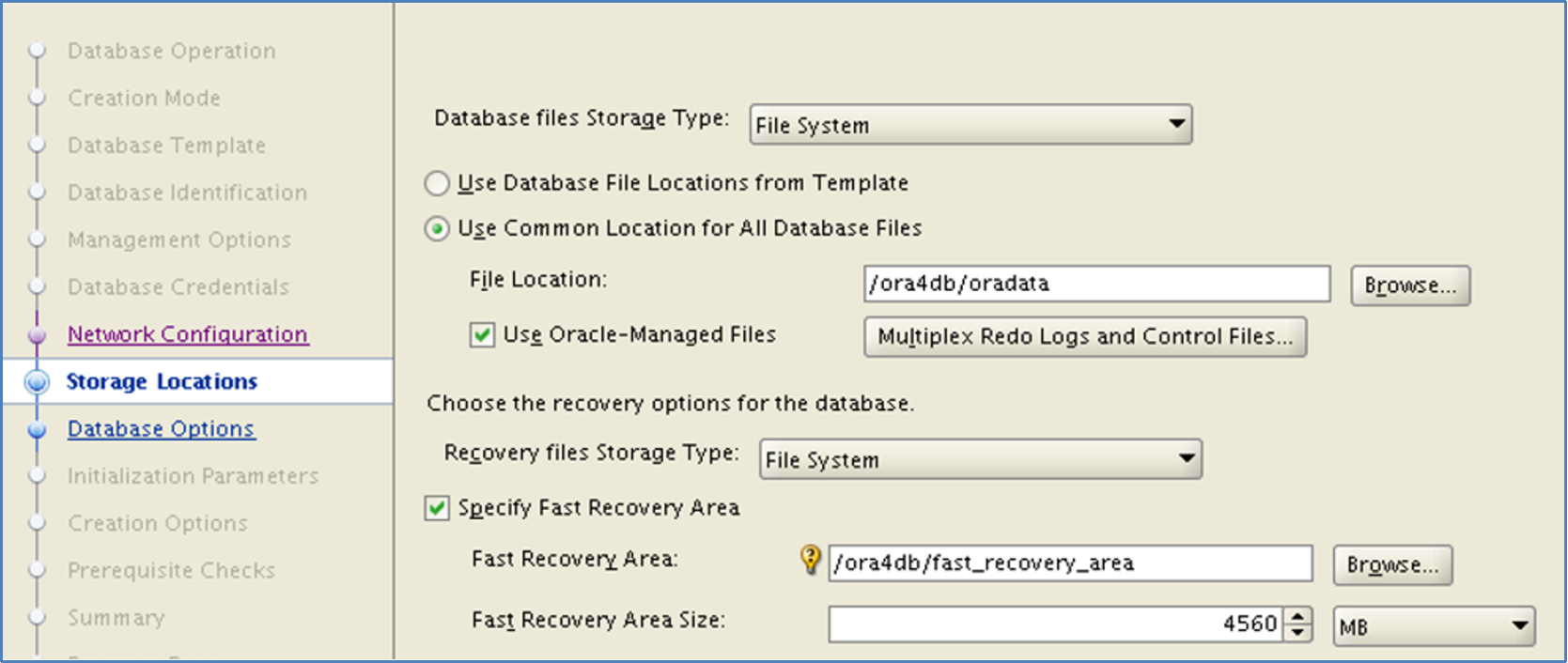 This diagram is a snipet of one of Oracle's OUI windows where a Linux file system is specified as the file location for the Oracle database.