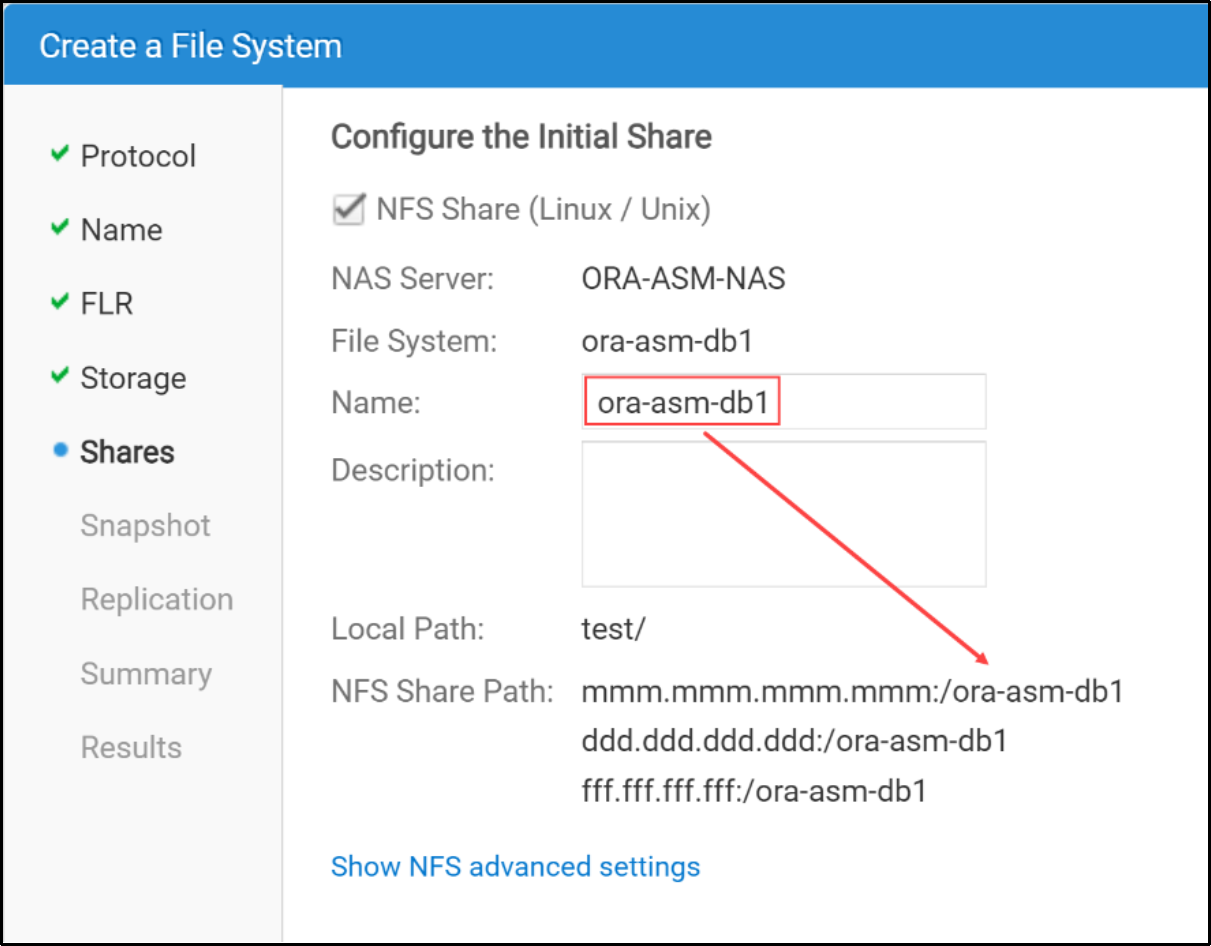 This is a diagram of Unisphere's "Create a File System" wizard showing the relationship between the name of the file share and the NFS share path.