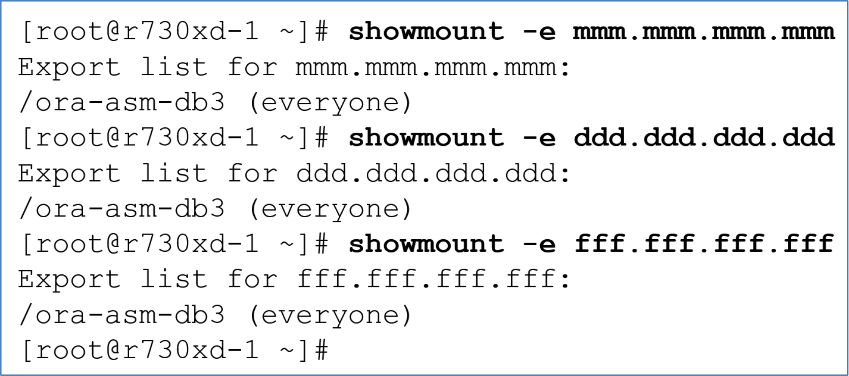 This diagram show a Linux session performing "showmount -e" commands against all the network IP addresses defined for a Unity NAS Servers.