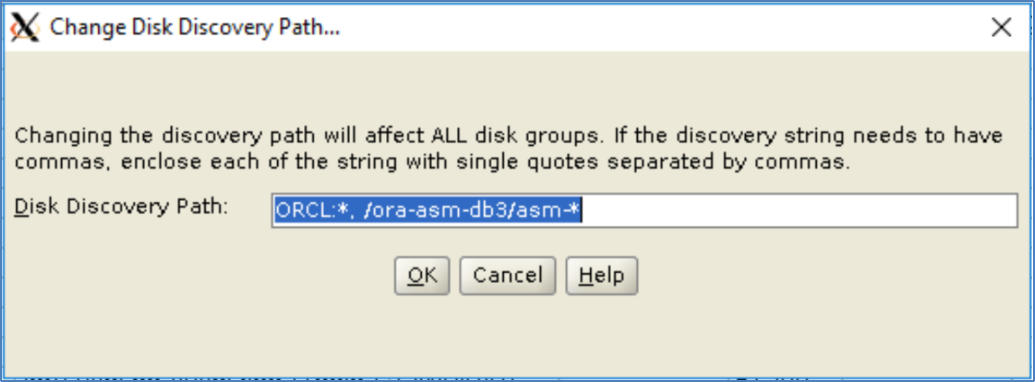 This is a diagram showing how to specify the Unity File Share as part of the Oracle ASM disk discovery path.