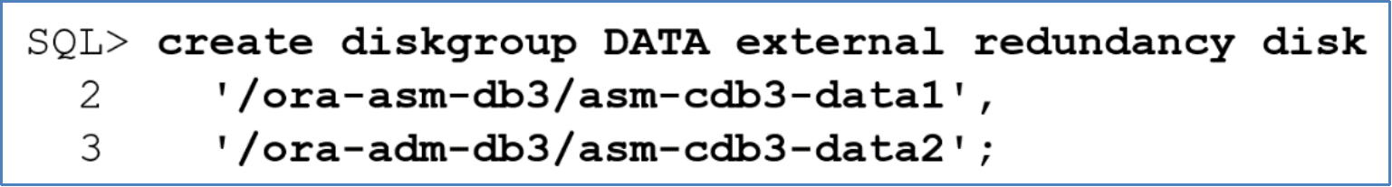 This diagram shows an example of creating an ASM disk group using SQL*Plus. The ASM disk group is created on the Unity File Share.