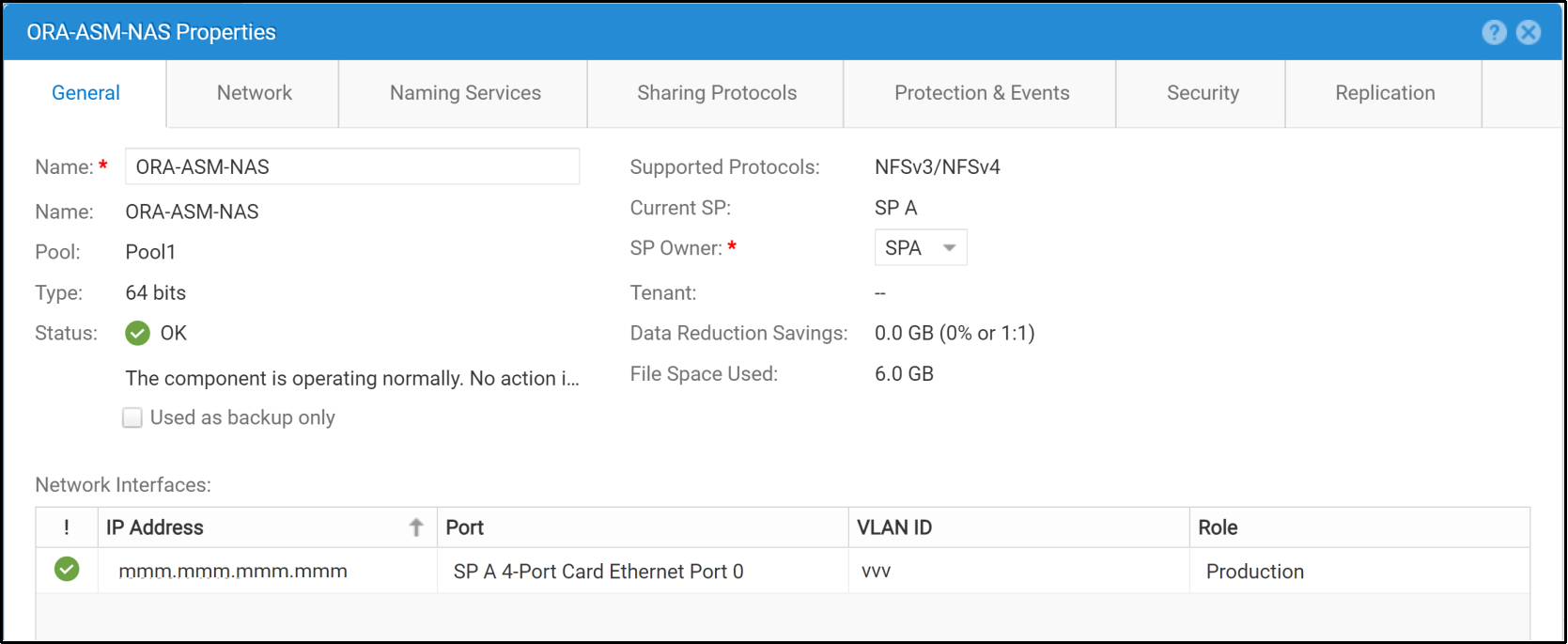 This diagram shows the General tab of the Unity NAS server object that was configured in the Dell Unity which was mentioned in Figure 26 as sharing a single network path with the public network traffic.