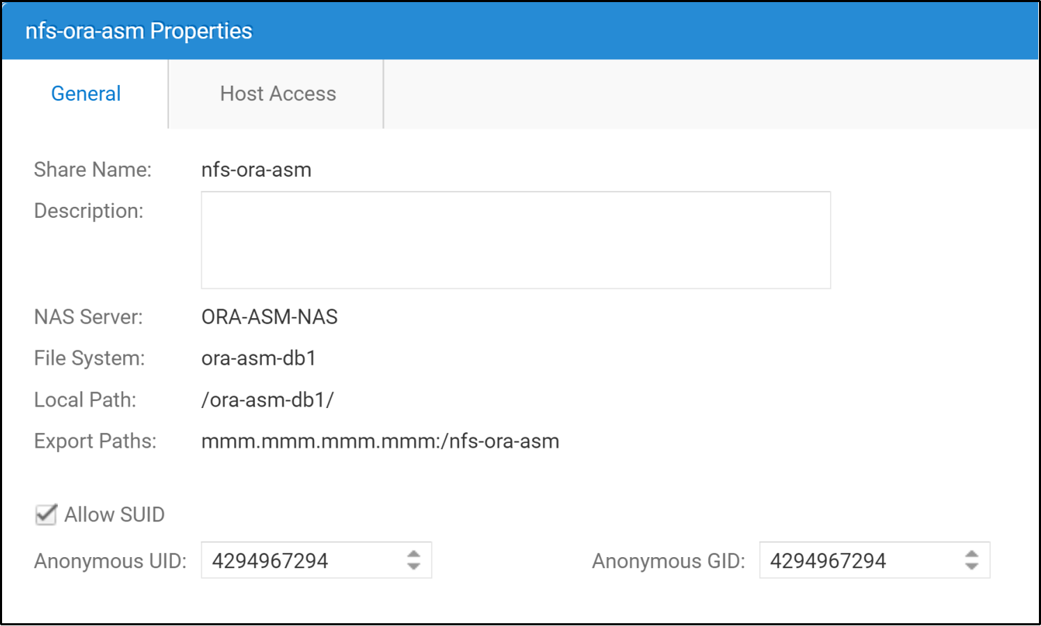 This diagram shows the General tab of the Unity NFS share object which is serviced by Unity NAS server object that was configured in the Dell Unity which was mentioned in Figure 26.