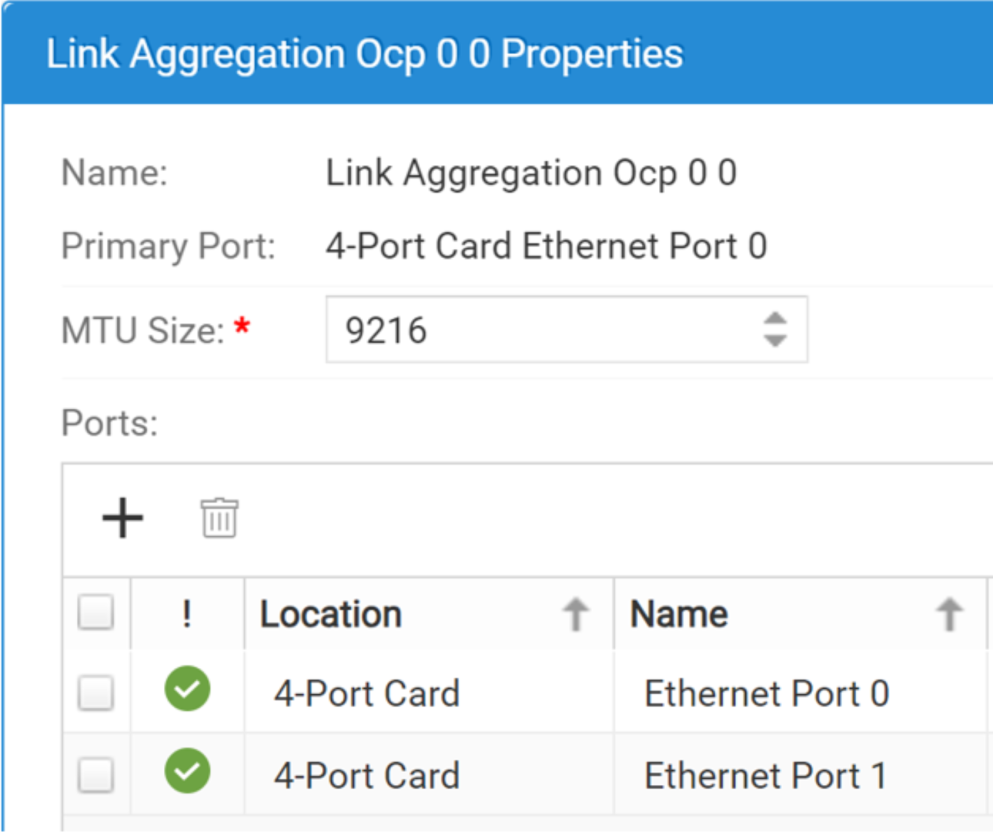 This is a snippet of Unisphere's link aggregation screen that shows the link aggregation defined on ports 0 and 1 of the embedded ethernet card.