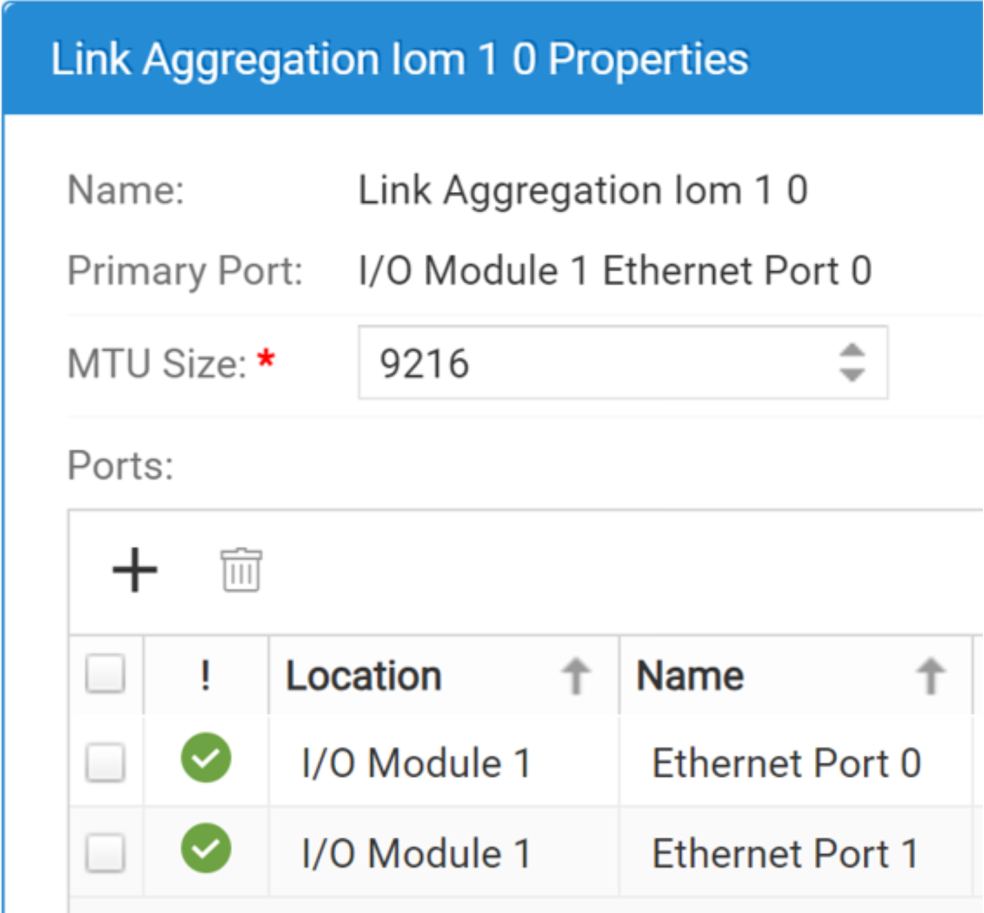 This is a snippet of Unisphere's link aggregation screen that shows the link aggregation defined on ports 0 and 1 of the I/O Module 1 card.