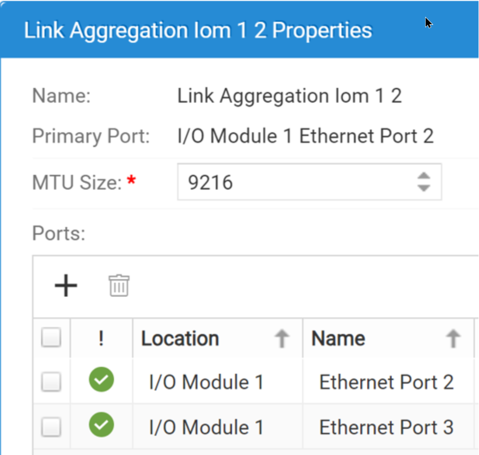 This is a snippet of Unisphere's link aggregation screen that shows the link aggregation defined on ports 2 and 3 of the I/O Module 1 card.