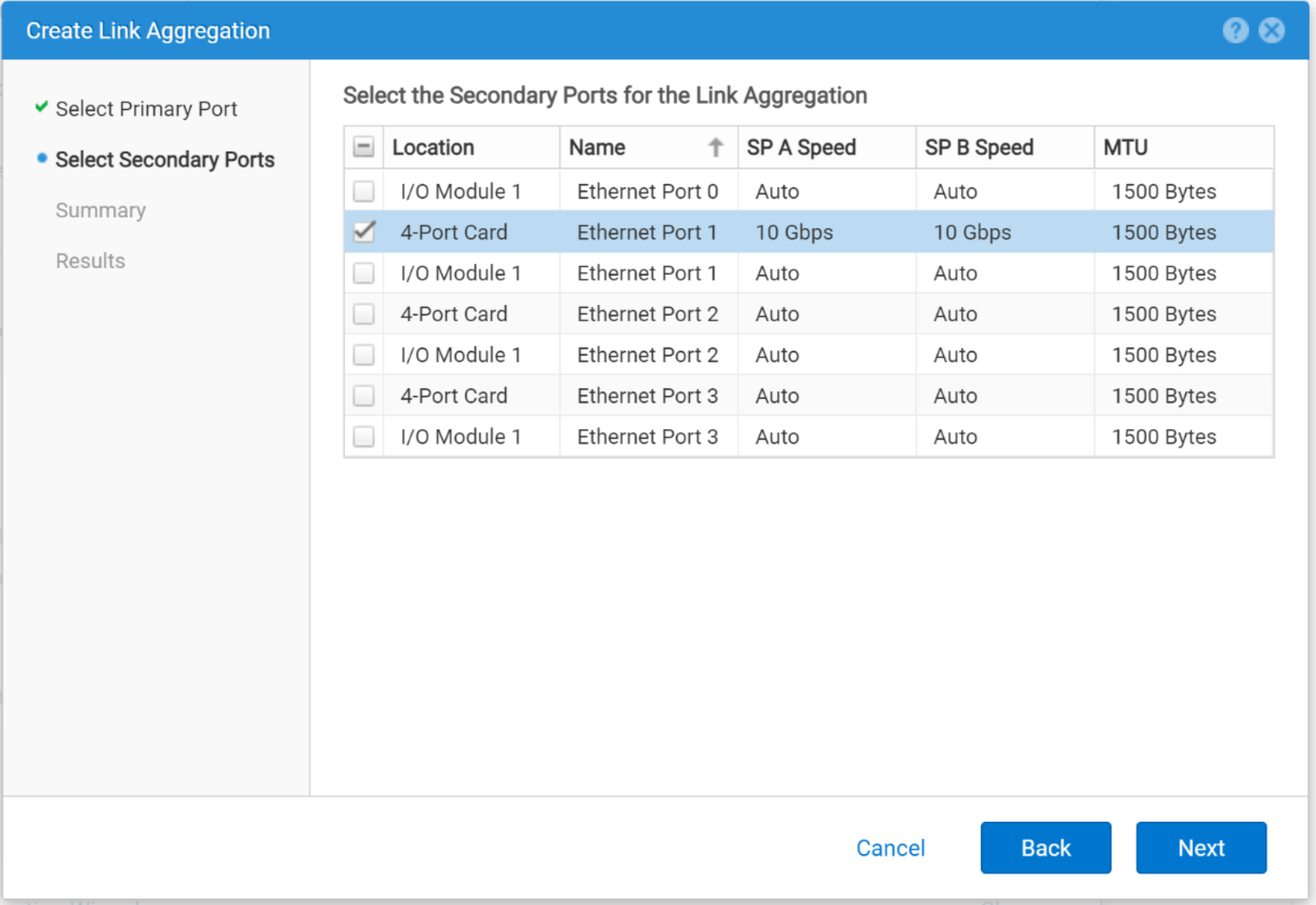 This picture shows the selection of the secondary port for the link aggregation being define.