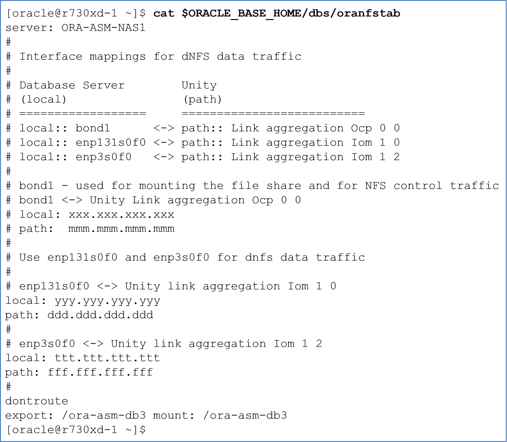 This diagram is a sample of an oranfstab file that has the configuration of a single NAS server with two dNFS channels.