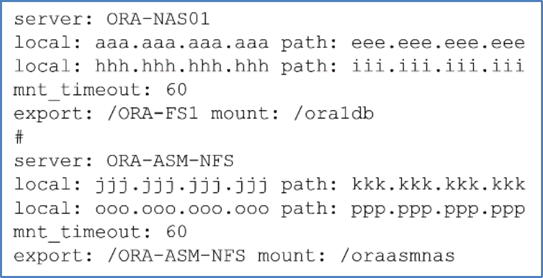 This diagram is a sample of an oranfstab file that has two different NAS servers stanzas.
