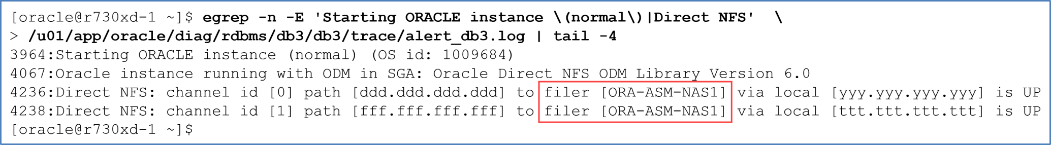 Should the "server" parameter be defined in file oranfstab, this diagram shows that the value of the "server" parameter will be used as the filer name in the Orale instance alert.log.