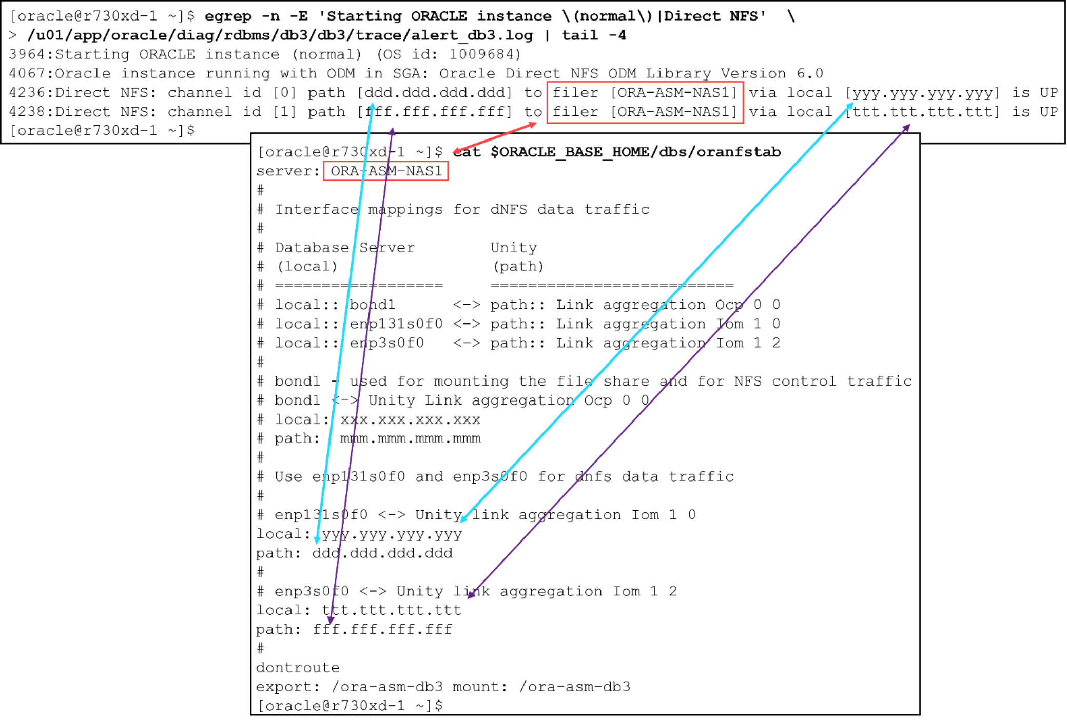 This diagram show the relationship between the dNFS paths defined in Oracle's oranfstab file and the dNFS channels identified in Oracle alert.log file.