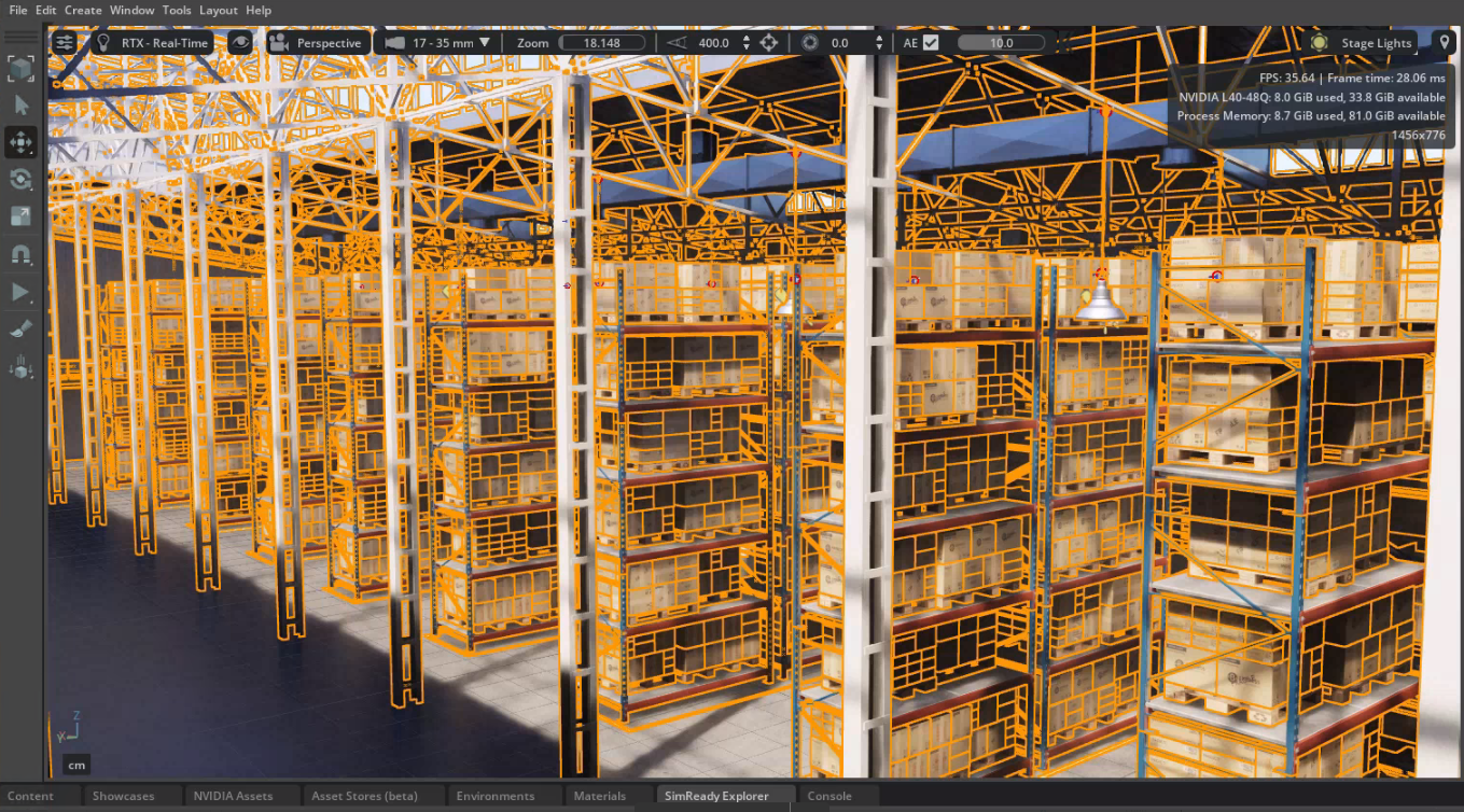 This figure shows an Omniverse scene set within a warehouse environment