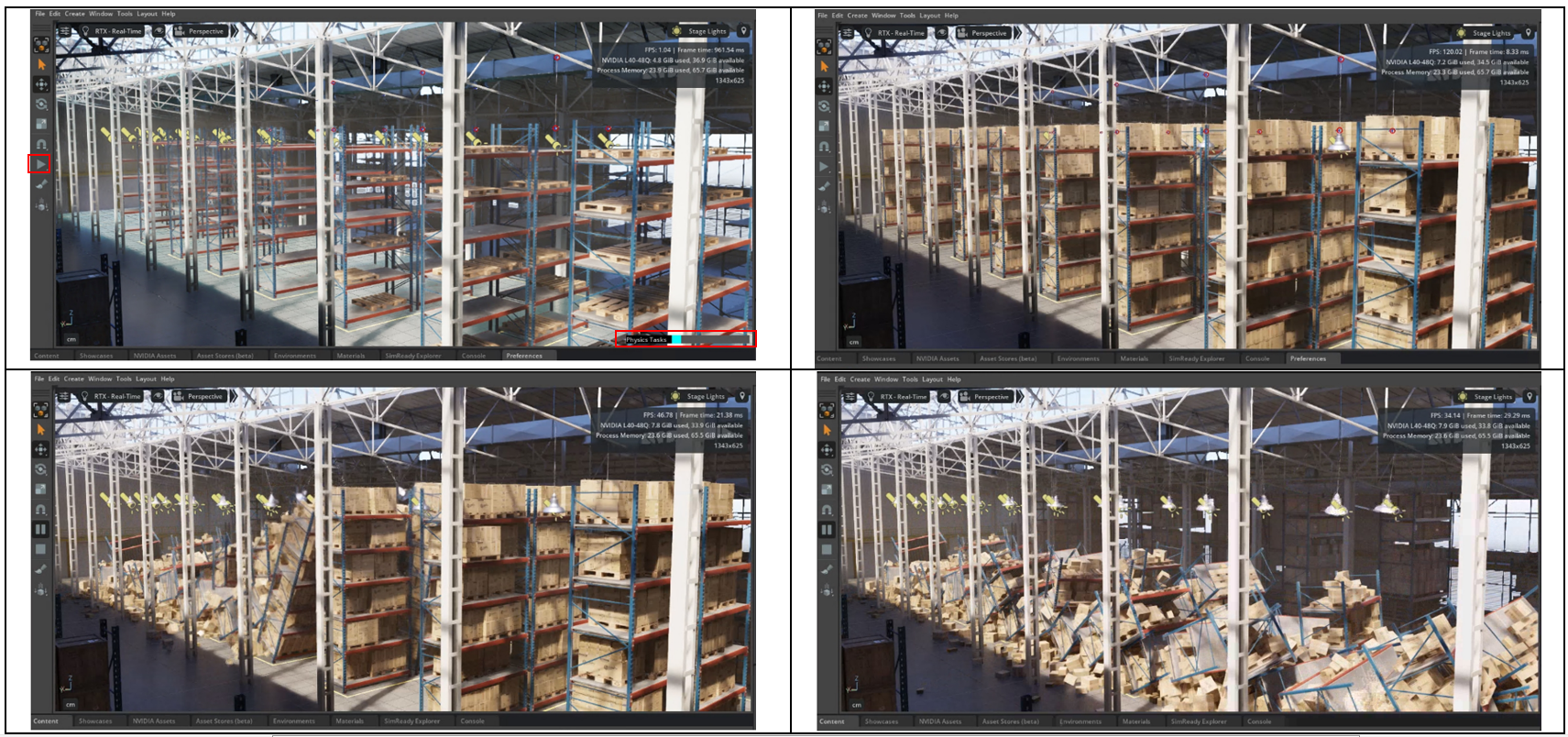 This figure shows the result of physics collision simulations set within a warehouse layout