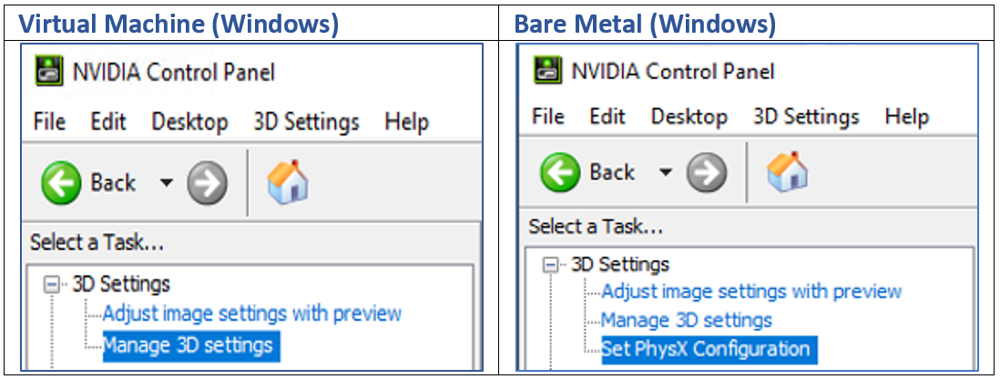 This figure shows the NVIDIA control panel properties exposed to Bare metal and virtualized Windows instance