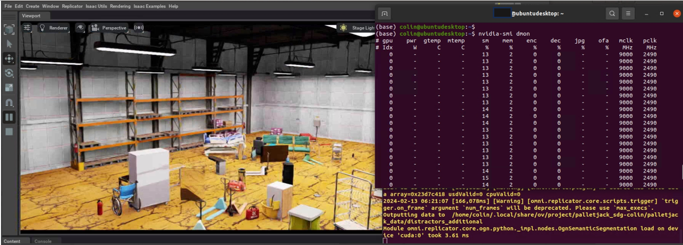 This figure shows a warehouse scene containing several instances of pallet jacks and other assets