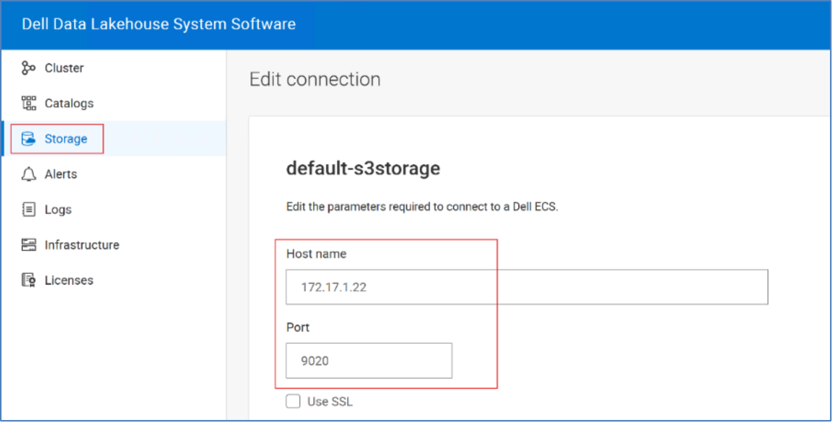 Configure Dell ECS ObjectStore as the primary storage cluster for the Dell Data lakehouse, for that login into Dell Data Lakehouse system software UI, under storage configure Dell ECS.