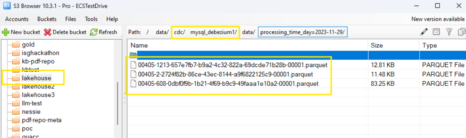 Output: We should see the parquet files generated for CDC