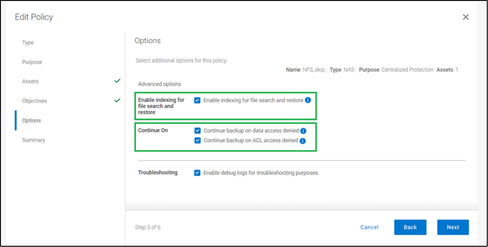 Image shows Edit policy options to enable Indexing for file search and restore as well as continue backup options on reaching certain error conditions.