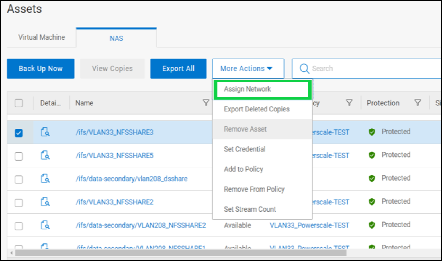 Screenshot of Data manager Assets section showing Assign Network option