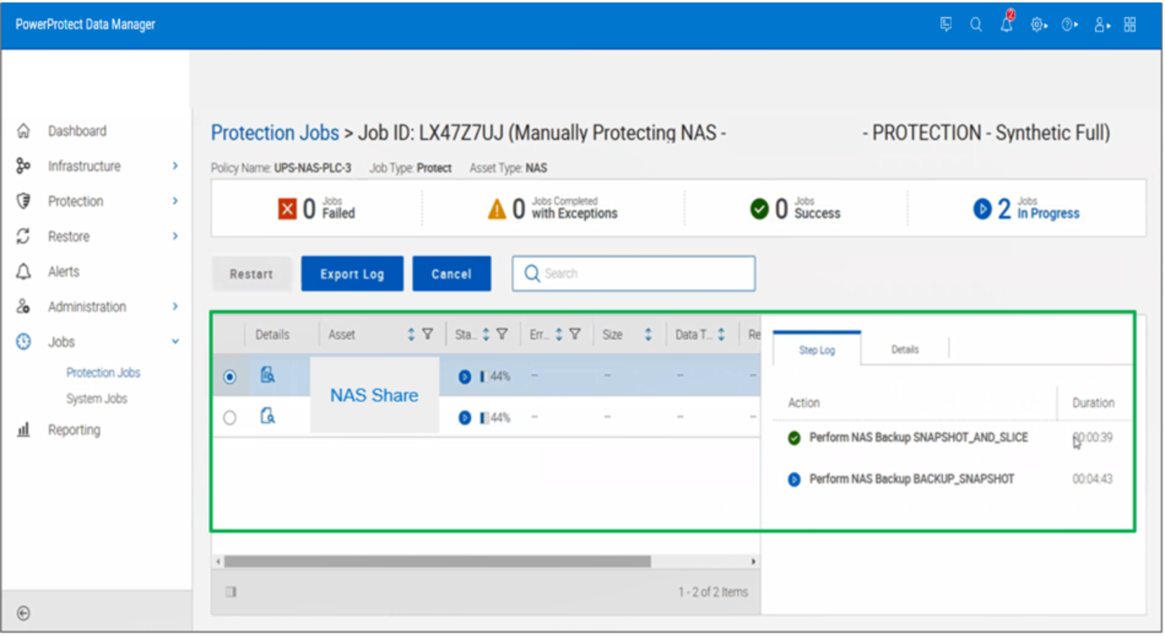 Screenshot of Data manager Protection jobs monitoring section showing a NAS protection job in progress