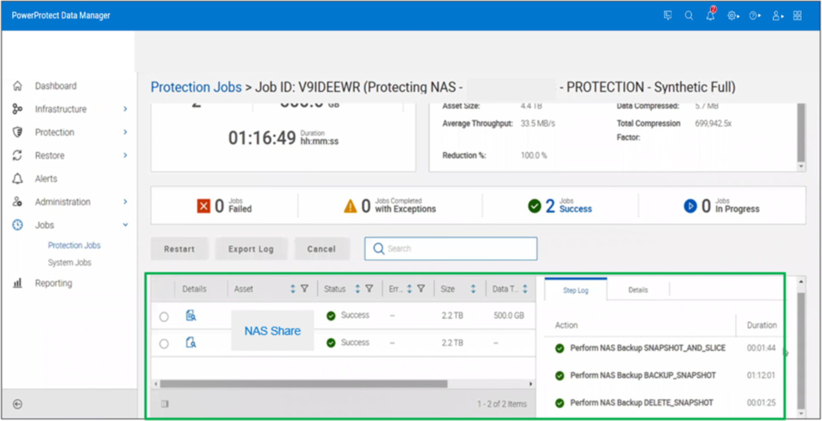 Screenshot of Data manager Protection jobs monitoring section showing a NAS protection job completed