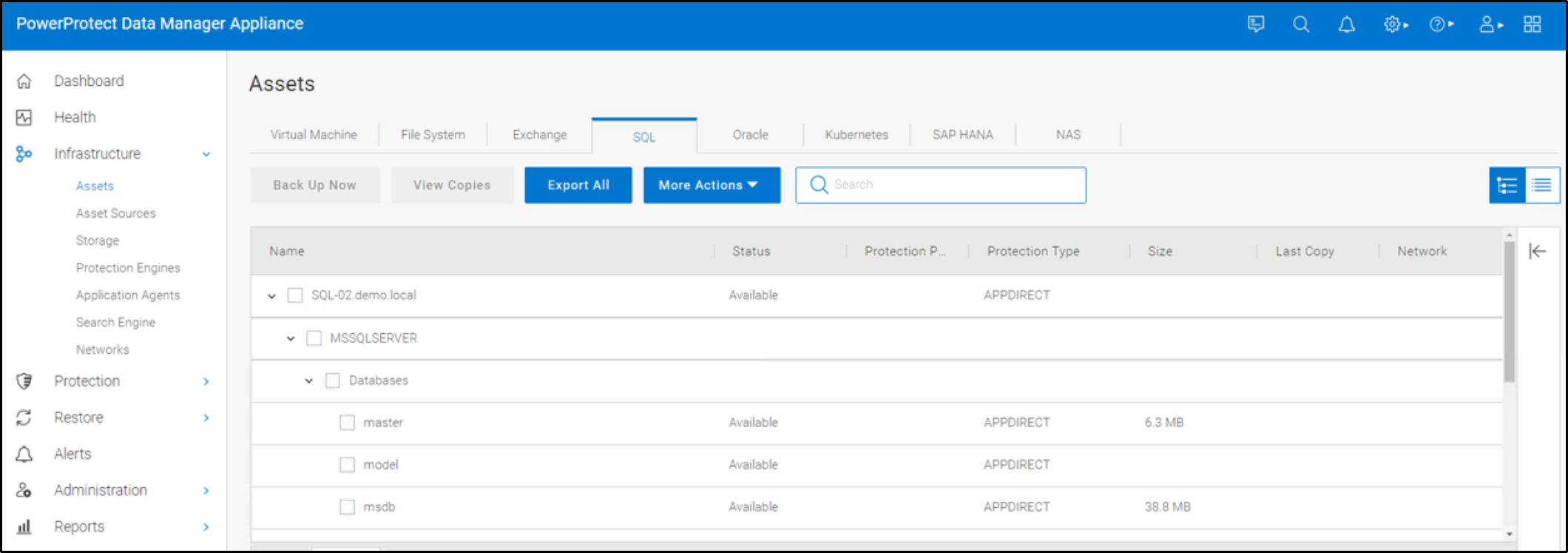 The image shows the SQL assets discovery in Data Manager Appliance UI