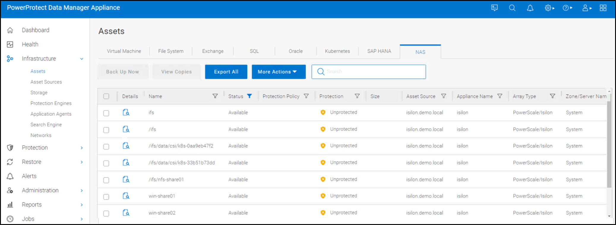 The image shows the NAS asset discovery in Data Manager Appliance UI.