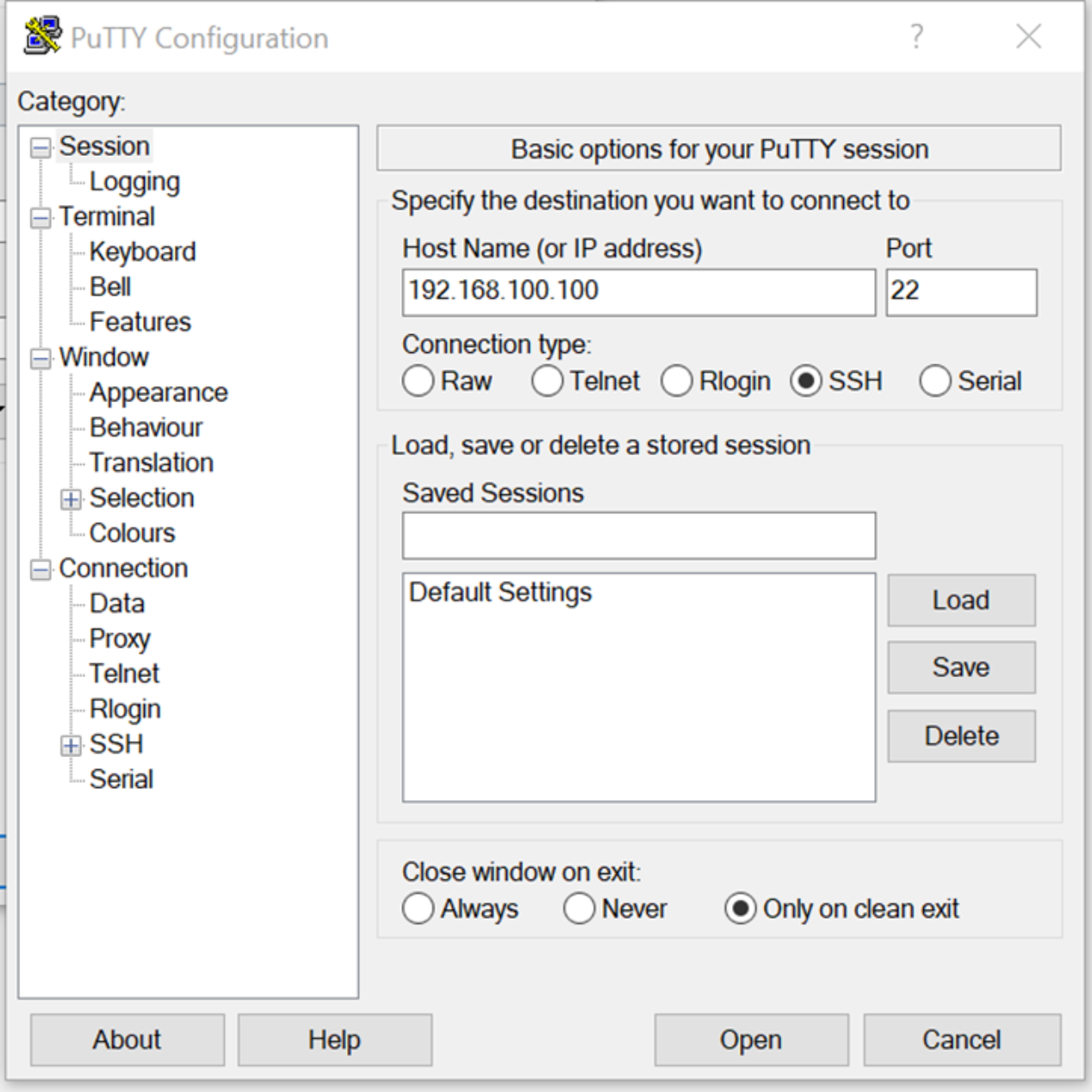 This figure shows the Putty configuration screen for Data Protection Appliance Configuration Manager.