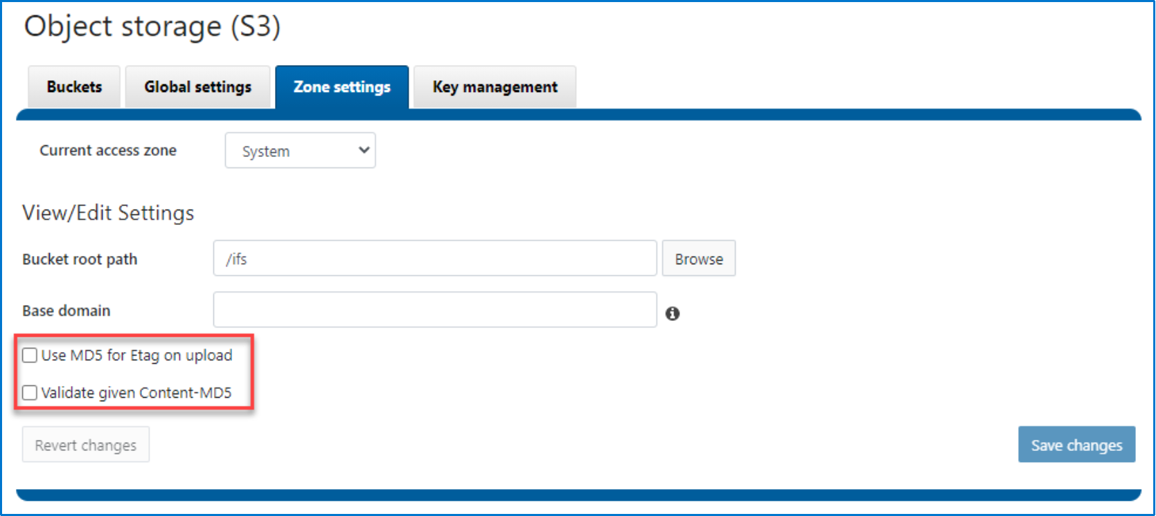 This screenshot shows the S3 ETag options, which have Use MDS for Etag on upload and Validate given Content MD5