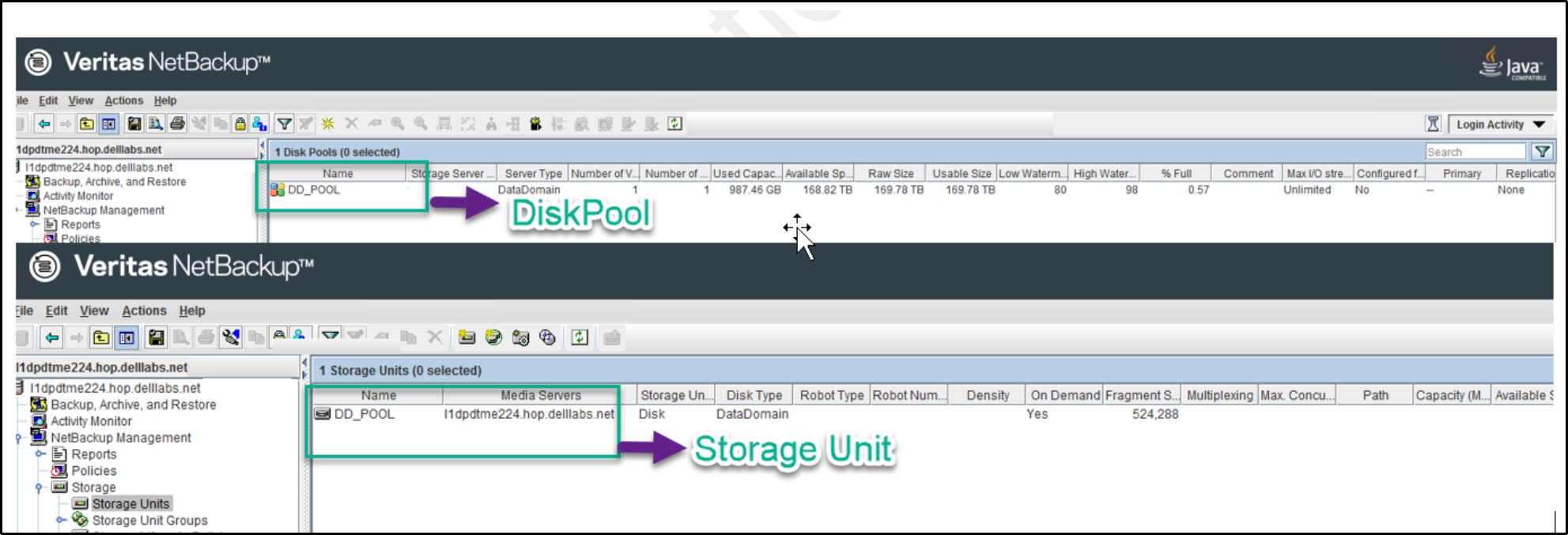 This image shows the successful creation of Disk Pool and Storage unit from NetBackup Console.