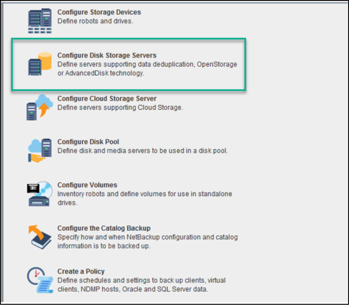 This image shows the option to Configure Disk Storage Servers from NetBackup Console.