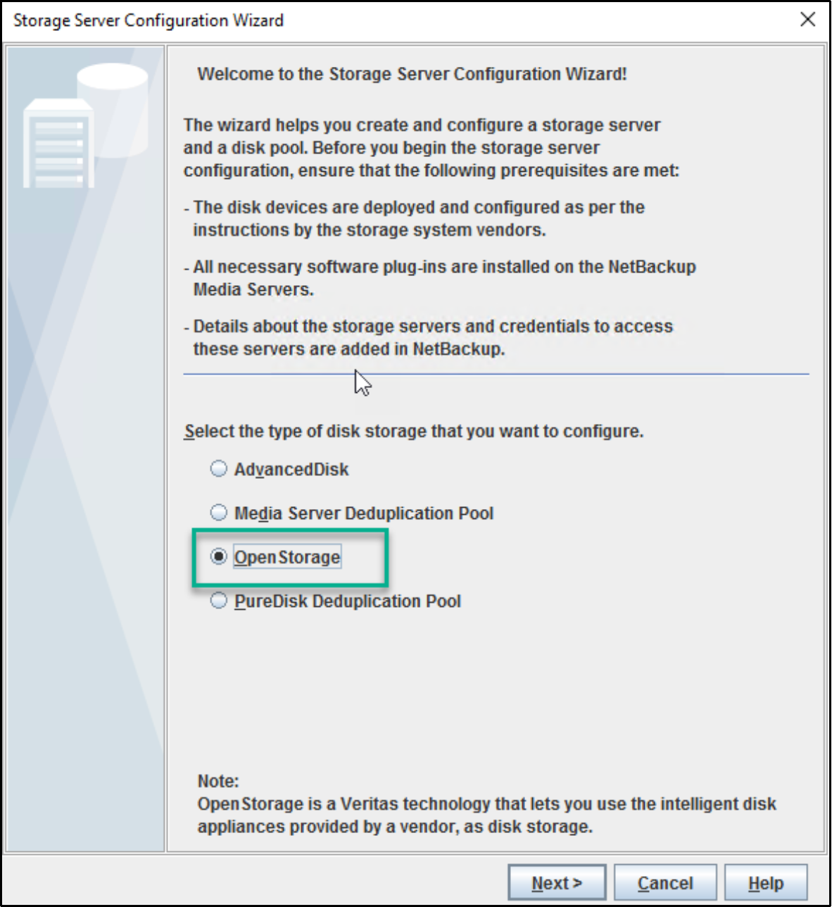 This image shows the option to select Open Storage from NetBackup Console.