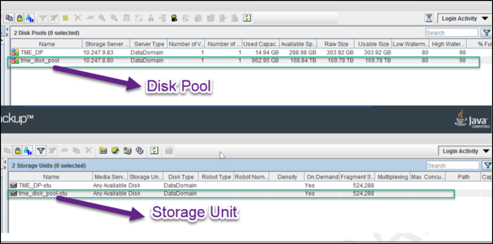 This image shows the successful disk pool and storage unit creation.