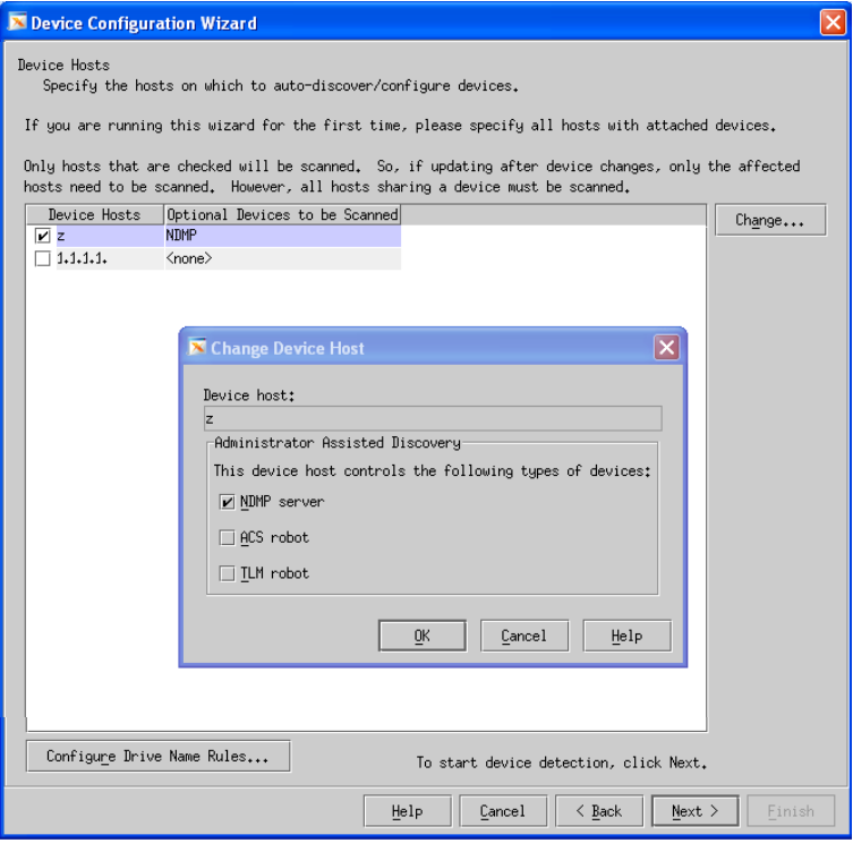 The image shows the device Configuration Wizard and the Change Device Host dialog box configured for NDMP setup