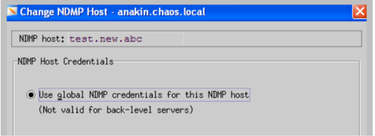 The image shows the NDMP host configured to use global NDMP credentials.