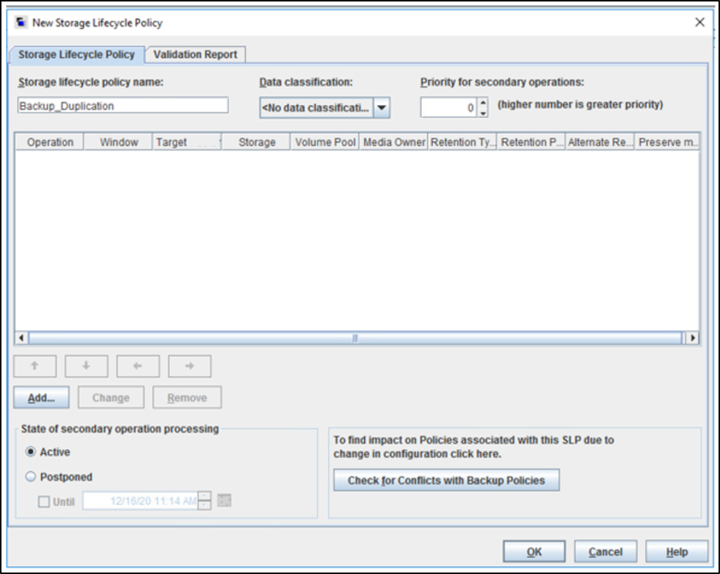 The image shows the option to input Storage Lifecycle Policy name and select Add to configure the backup operation.